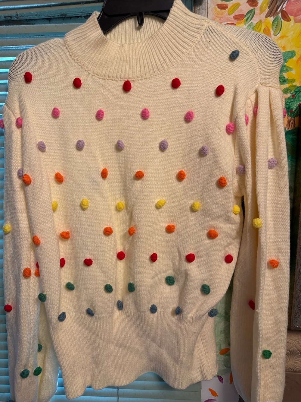 Cream Pom-Pom Turtleneck Sweater with Multicolor Dots